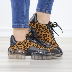 Animal Leopard Print Women's Fashion Chunky Heel Sneakers Shoes